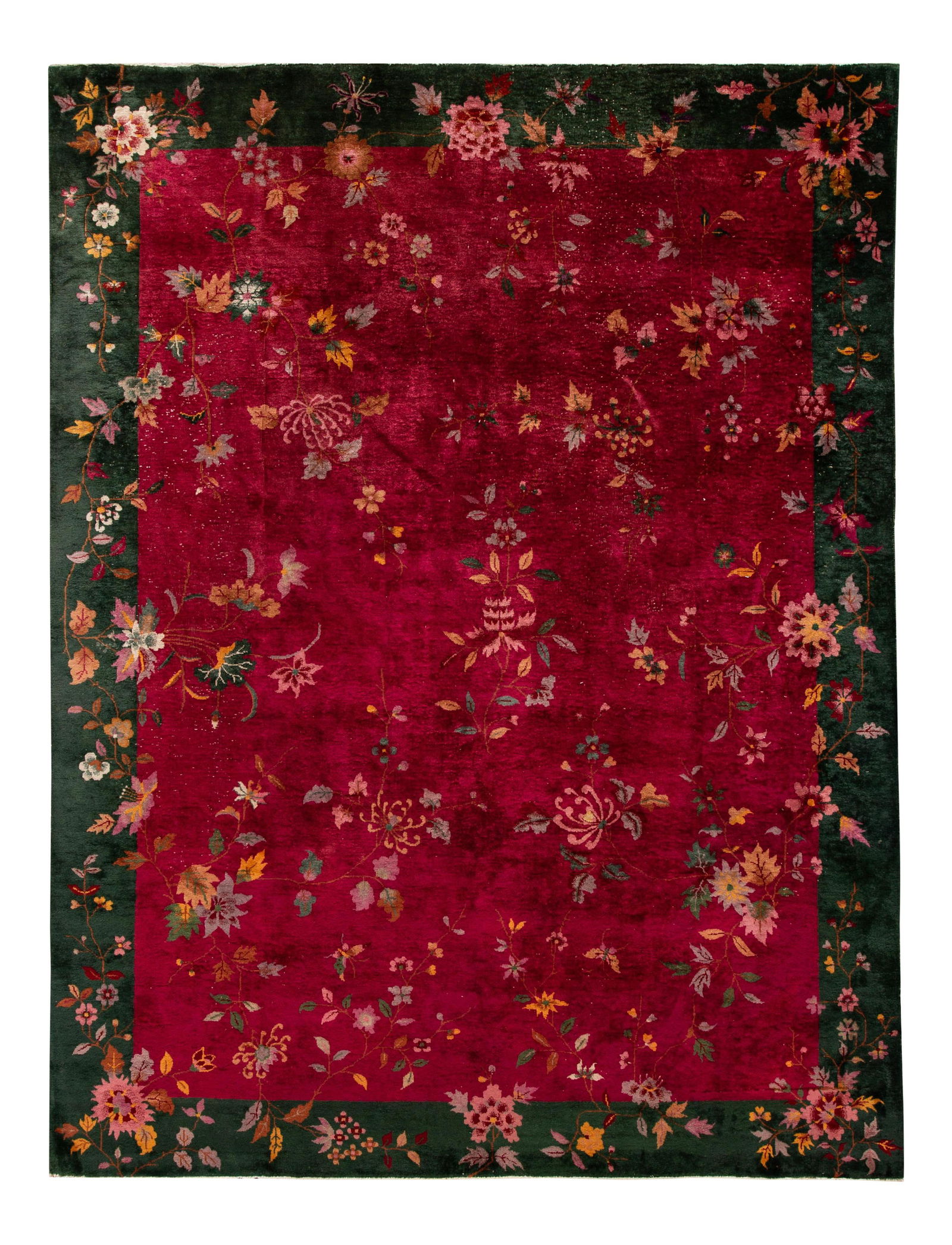Antique Chinese Art Deco Wool Rug Red Floral 8'8" x 11'5" (1 of 6)