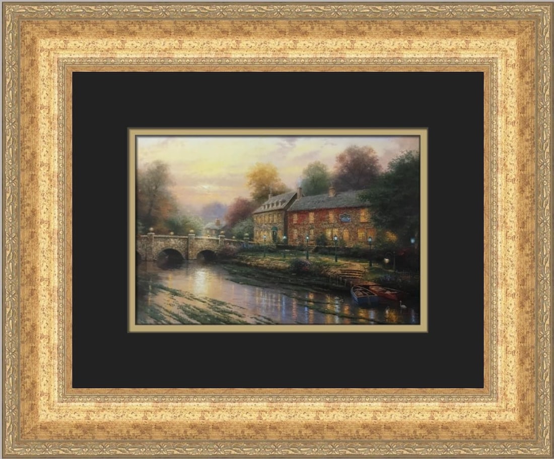 Thomas Kinkade Lamplight Inn Custom Framed Print 15x13 Landscape Art: Thomas Kinkade Lamplight Inn Custom Framed Print 15x13 Landscape Art This stunning Thomas Kinkade print titled 'Lamplight Inn' captures the essence of realism with its enchanting landscape depiction.