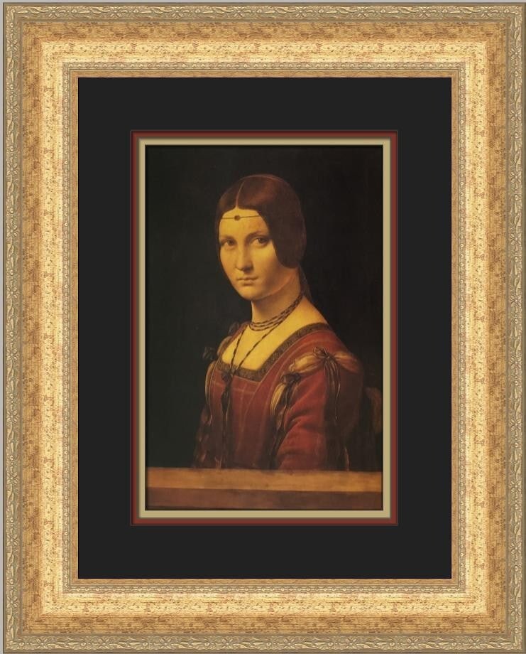 Leonardo da Vinci Lady of the Court of Milan Custom Framed Art Print: Leonardo da Vinci Lady of the Court of Milan Custom Framed Art Print This stunning print, titled "Lady of the Court of Milan," is a beautiful representation of the work of renowned artist Leonardo da