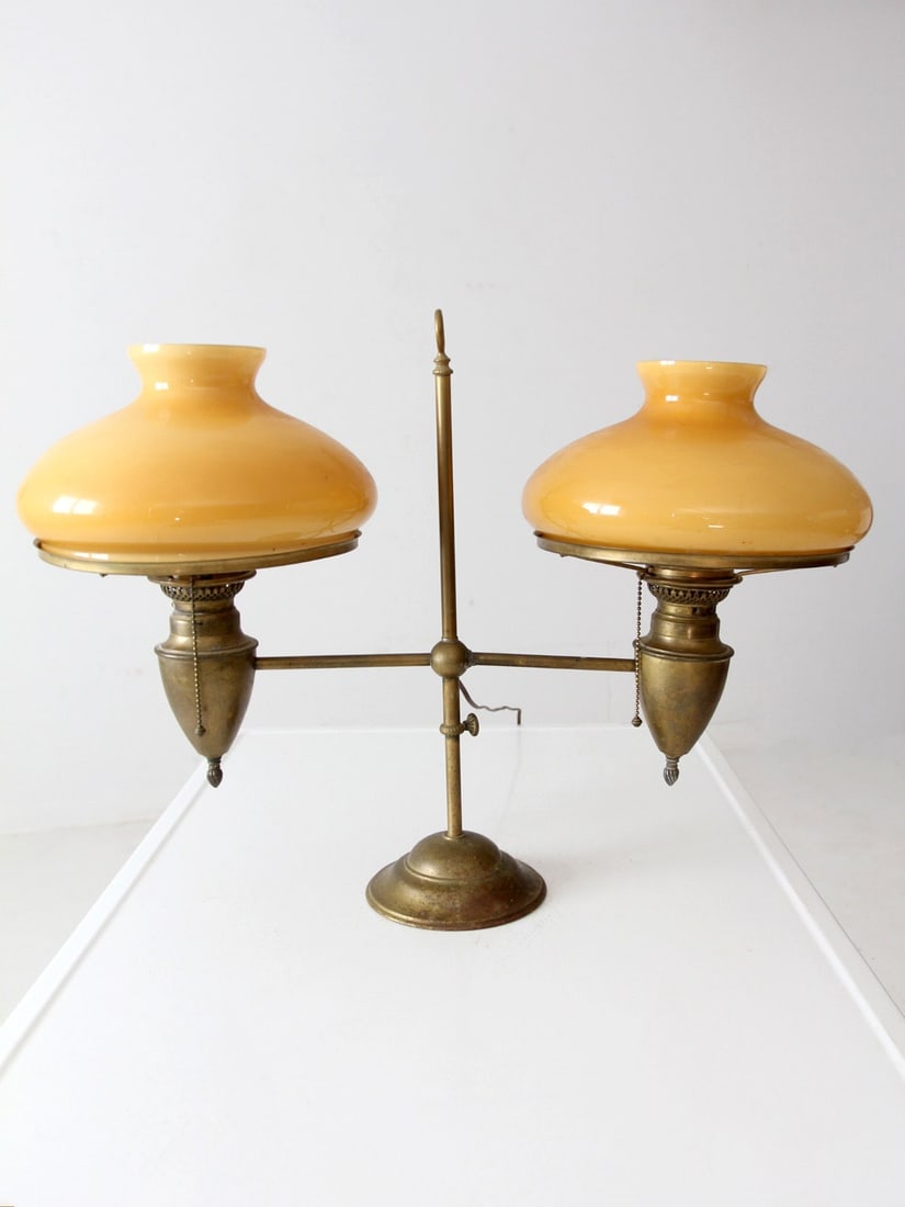 Antique Brass Arts and Crafts Student Lamp with Amber Shades (1 of 14)