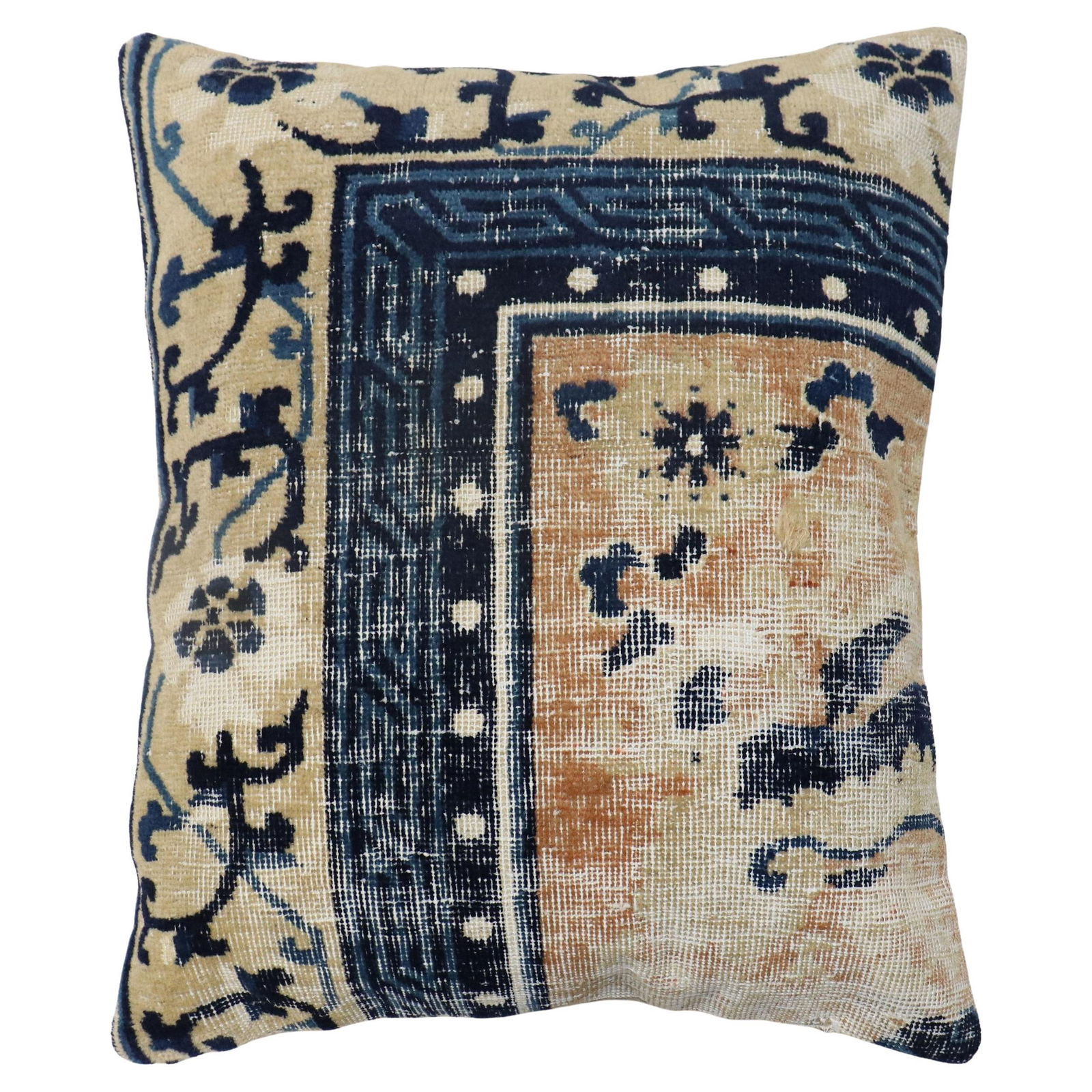 Pillow Crafted from Antique 19th Century Chinese Rug 19 x 22 Inch: Pillow Crafted from Antique 19th Century Chinese Rug 19 x 22 Inch This pillow is crafted from a worn 19th-century Chinese rug, featuring a Chinoiserie style. It is hand-knotted using cotton and wool,