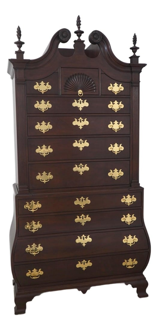 Mahogany High Chest Bombe Kettle Base Chippendale Style Colonial Williamsburg CW 190: Mahogany High Chest Bombe Kettle Base Chippendale Style Colonial Williamsburg CW 190 This Stickley Colonial Williamsburg CW 190 high chest features a classic 18th-century Chippendale style with a bomb