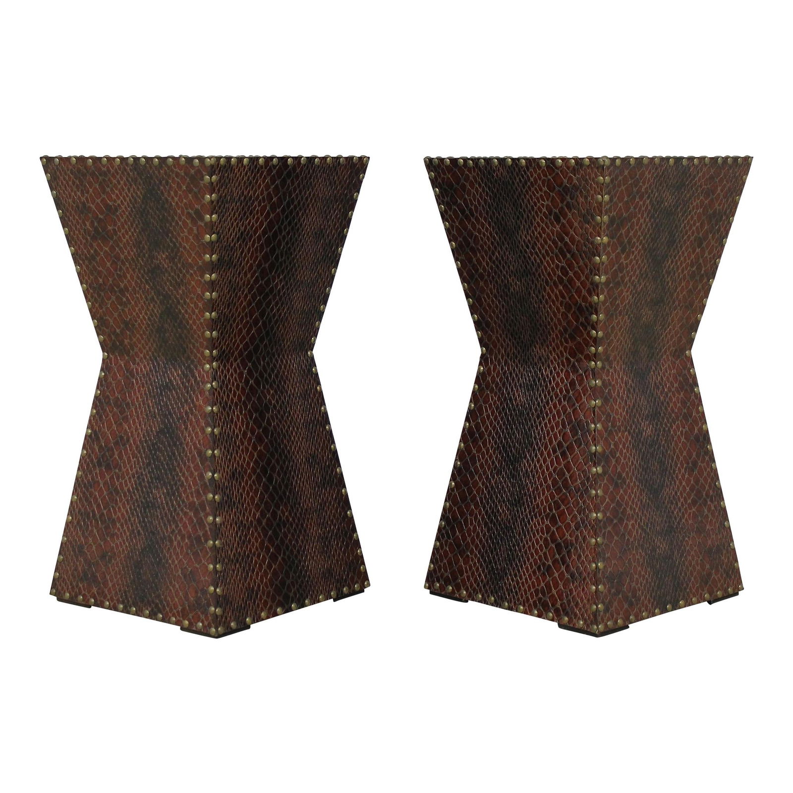 Pair of Modern Snake Skin Leather Side Tables: Pair of Modern Snake Skin Leather Side Tables This exquisite pair of modern design tables features striking snake skin leather surfaces that add a unique texture and sophistication to any space. With