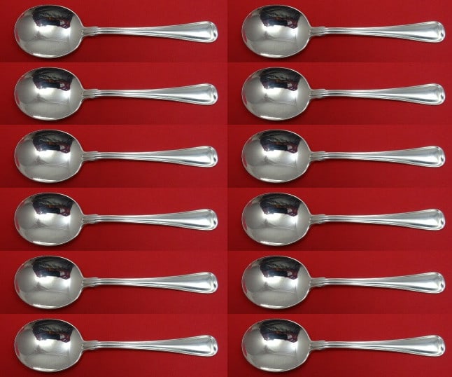 Gorham Old French Sterling Silver Cream Soup Spoon Set 12 Pieces: Gorham Old French Sterling Silver Cream Soup Spoon Set 12 Pieces Elevate your dining experience with this exquisite 12-piece set of Old French cream soup spoons by Gorham. Crafted from sterling silver