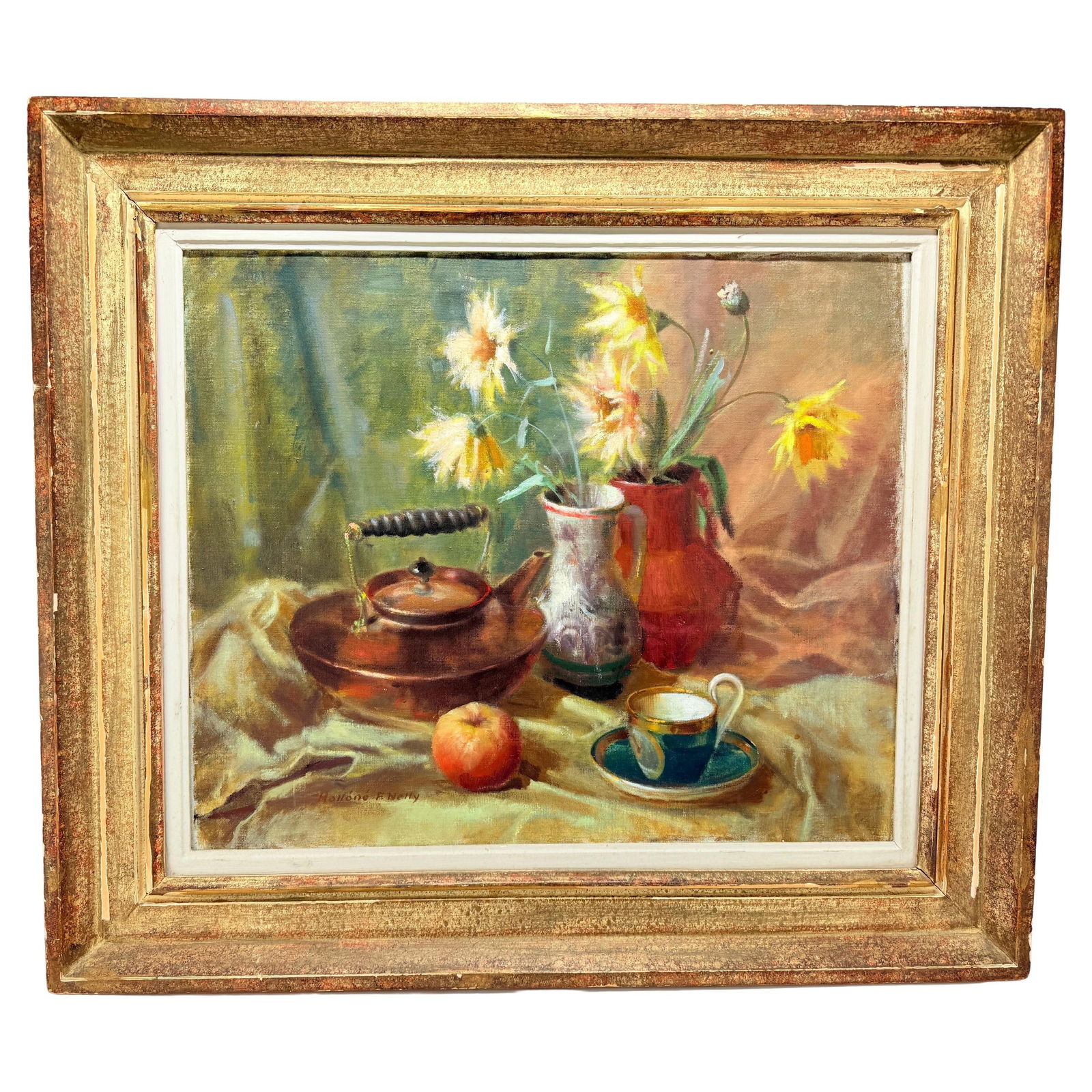 Hollone F. Nelly Vintage Still Life Oil Painting Breakfast with Flowers: Hollone F. Nelly Vintage Still Life Oil Painting Breakfast with Flowers This vintage still life oil on canvas by Hollone F. Nelly, titled "Breakfast with Flowers," beautifully depicts a serene morning