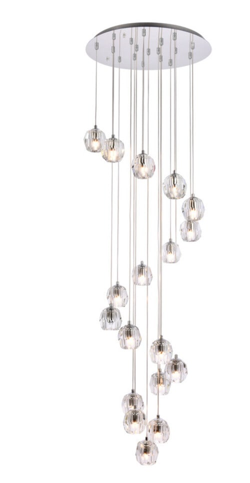 Eren 18-Light Chrome Pendant Chandelier with Crystal Shades: Eren 18-Light Chrome Pendant Chandelier with Crystal Shades Elevate your space with this stunning 18-Light Crystal Chandelier Pendant, designed with a modern flair suitable for various rooms including