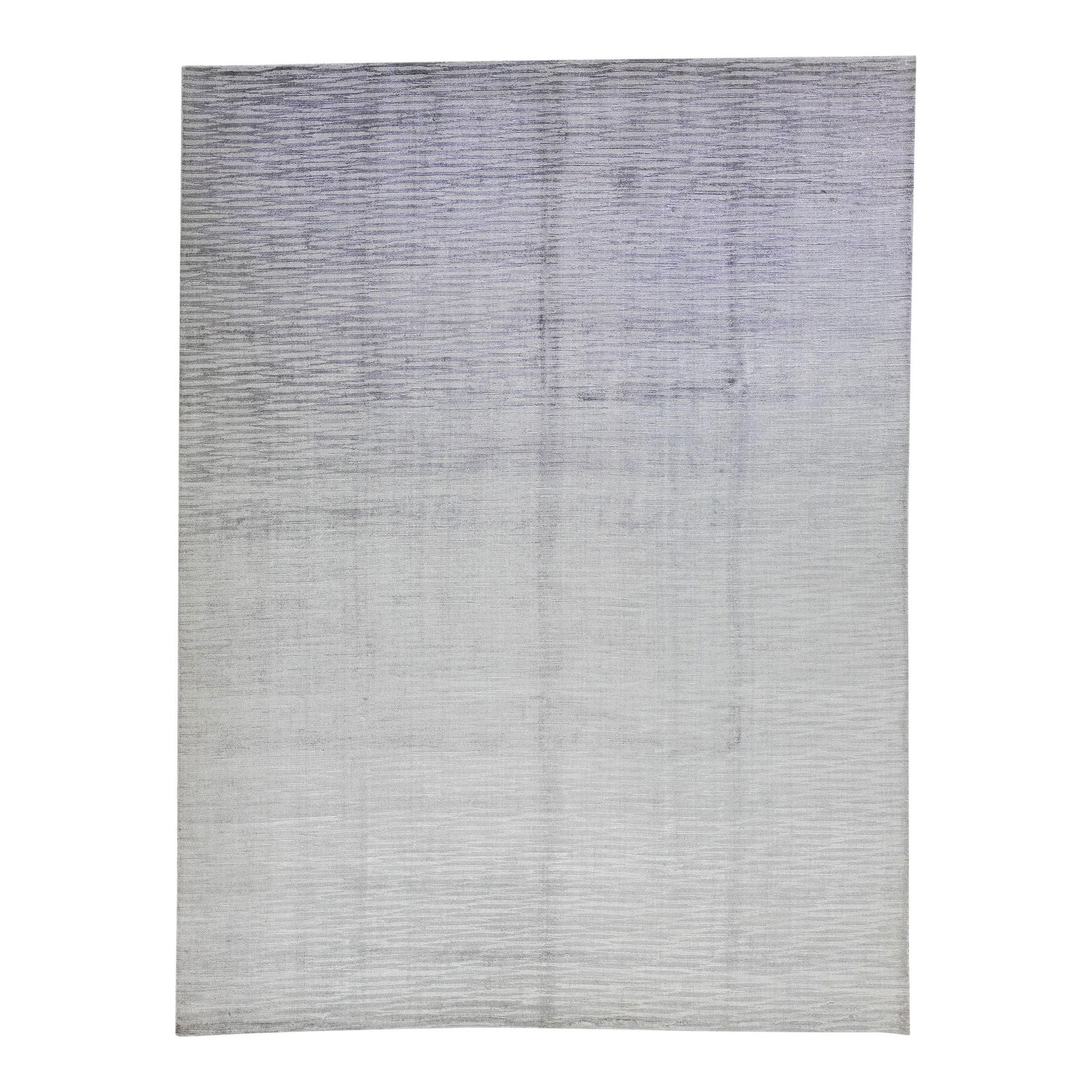 Gray Modern Handmade Wool Silk Rug 9 x 12 Stripe Design: Gray Modern Handmade Wool Silk Rug 9 x 12 Stripe Design This stunning gray modern handmade rug is a perfect blend of wool and silk, offering both luxury and durability. The design features a captivati