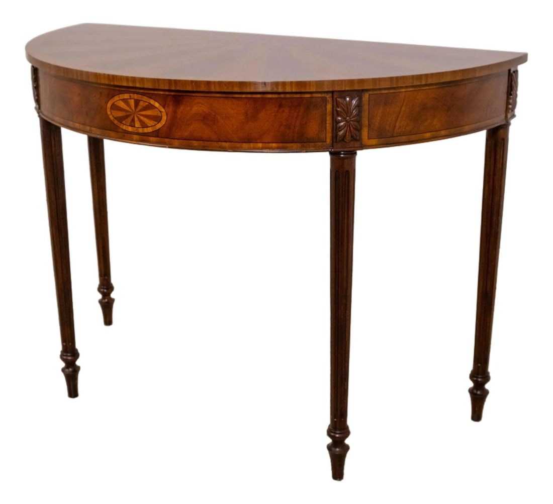 Elegant Adam Style Inlaid Mahogany Console Table 48 x 24 x 35: Elegant Adam Style Inlaid Mahogany Console Table 48 x 24 x 35 This stunning Adam Style inlaid mahogany console hall table showcases exquisite carved details and exceptional craftsmanship. With its ele