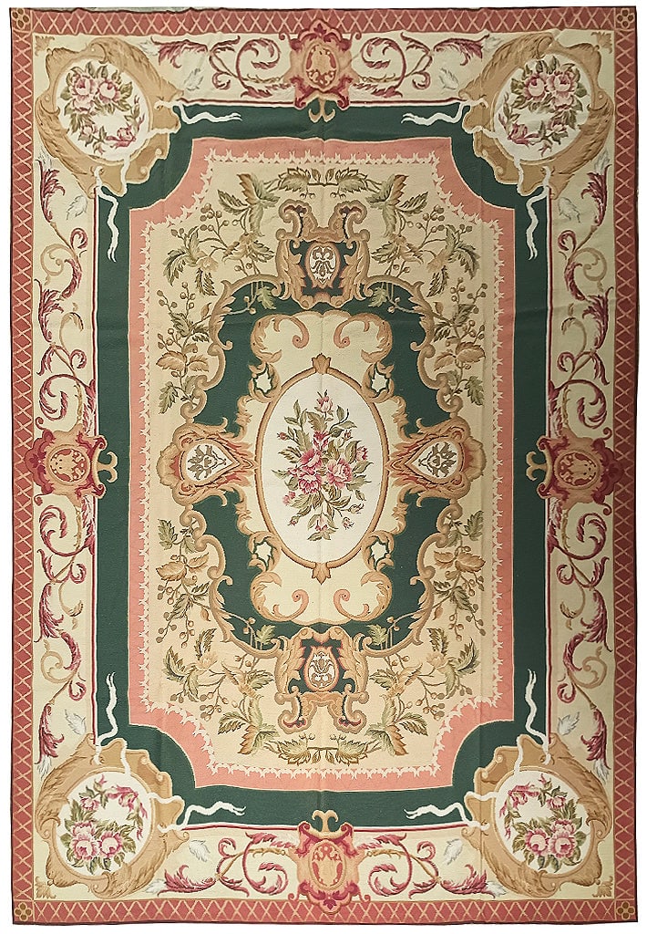 9 x 12 Handcrafted Needlepoint Area Rug Green Ivory Floral (1 of 10)