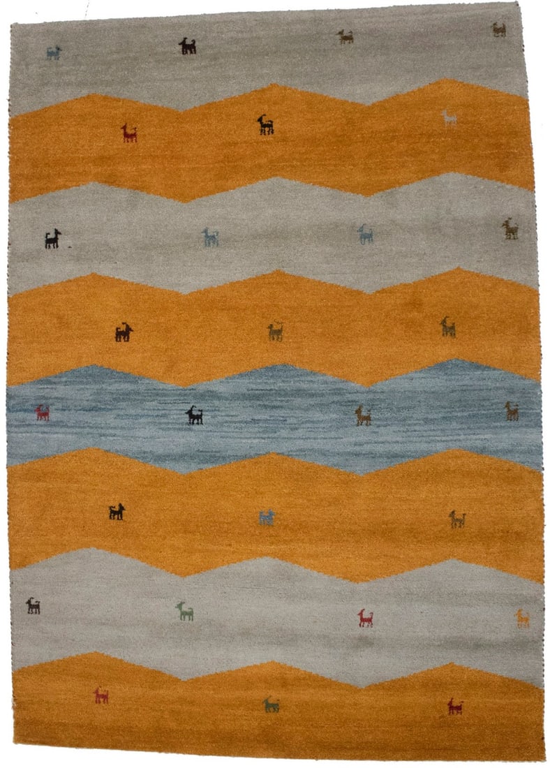 Hand-Knotted Multicolored Tribal Indo-Gabbeh Rug 5'6 x 7'9: Hand-Knotted Multicolored Tribal Indo-Gabbeh Rug 5'6 x 7'9 Enhance your living space with this stunning 6x8 ft Multicolored Striped Tribal Indo-Gabbeh Oriental Rug. This modern boho carpet features a