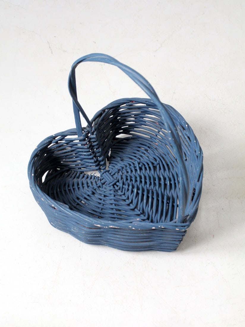 Vintage Heart-Shaped Wicker Basket in Weathered Blue Finish (1 of 10)
