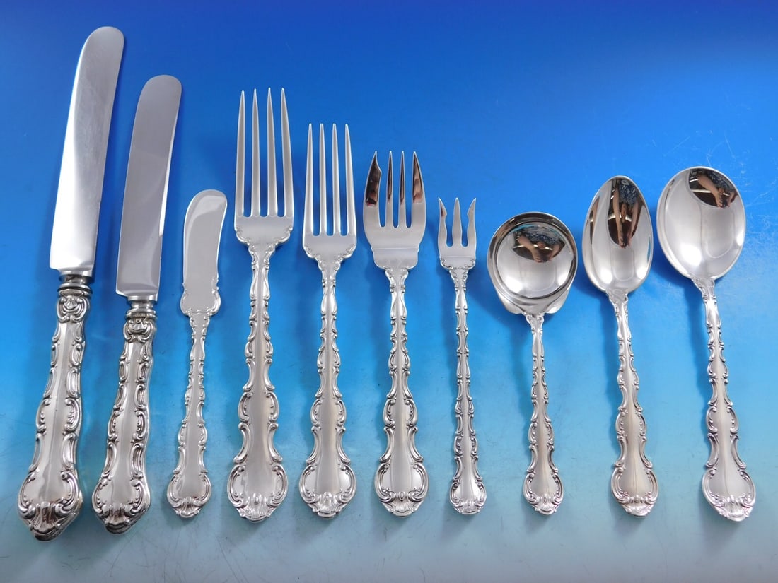 Gorham Strasbourg Sterling Silver Flatware Set for 12 122 pcs with Storage Chest: Gorham Strasbourg Sterling Silver Flatware Set for 12 122 pcs with Storage Chest Elevate your dining experience with the exquisite Strasbourg Sterling Silver Flatware Set by Gorham, designed to serve