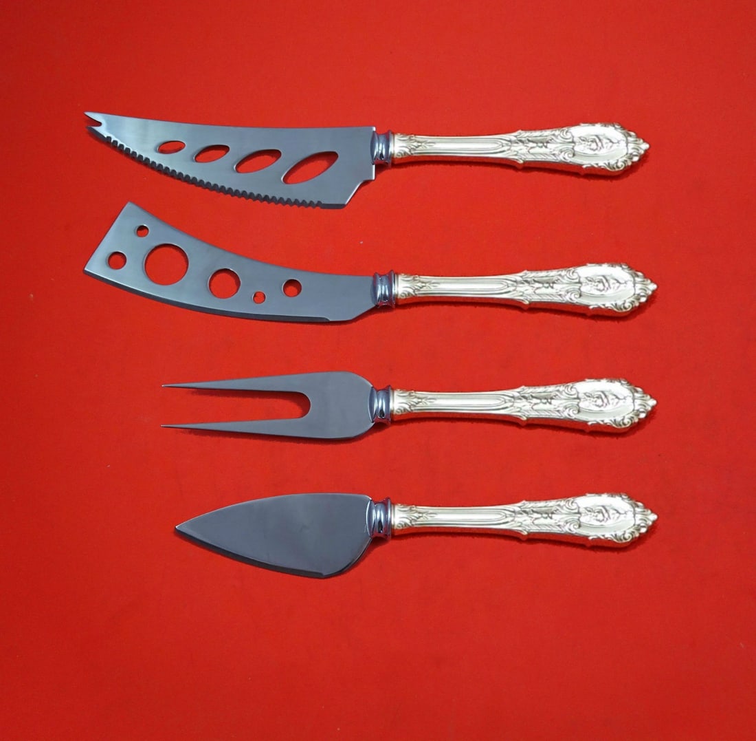 Wallace Rose Point Sterling Silver 4pc Deluxe Charcuterie Set: Wallace Rose Point Sterling Silver 4pc Deluxe Charcuterie Set Elevate your entertaining with this exquisite Rose Point by Wallace Sterling Silver Deluxe Charcuterie Set. This custom-made 4-piece hoste