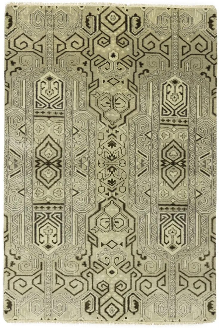 Modern Geometric Wool Area Rug 4'0 x 5'11 Hand-Knotted Beige Brown Cream (1 of 14)
