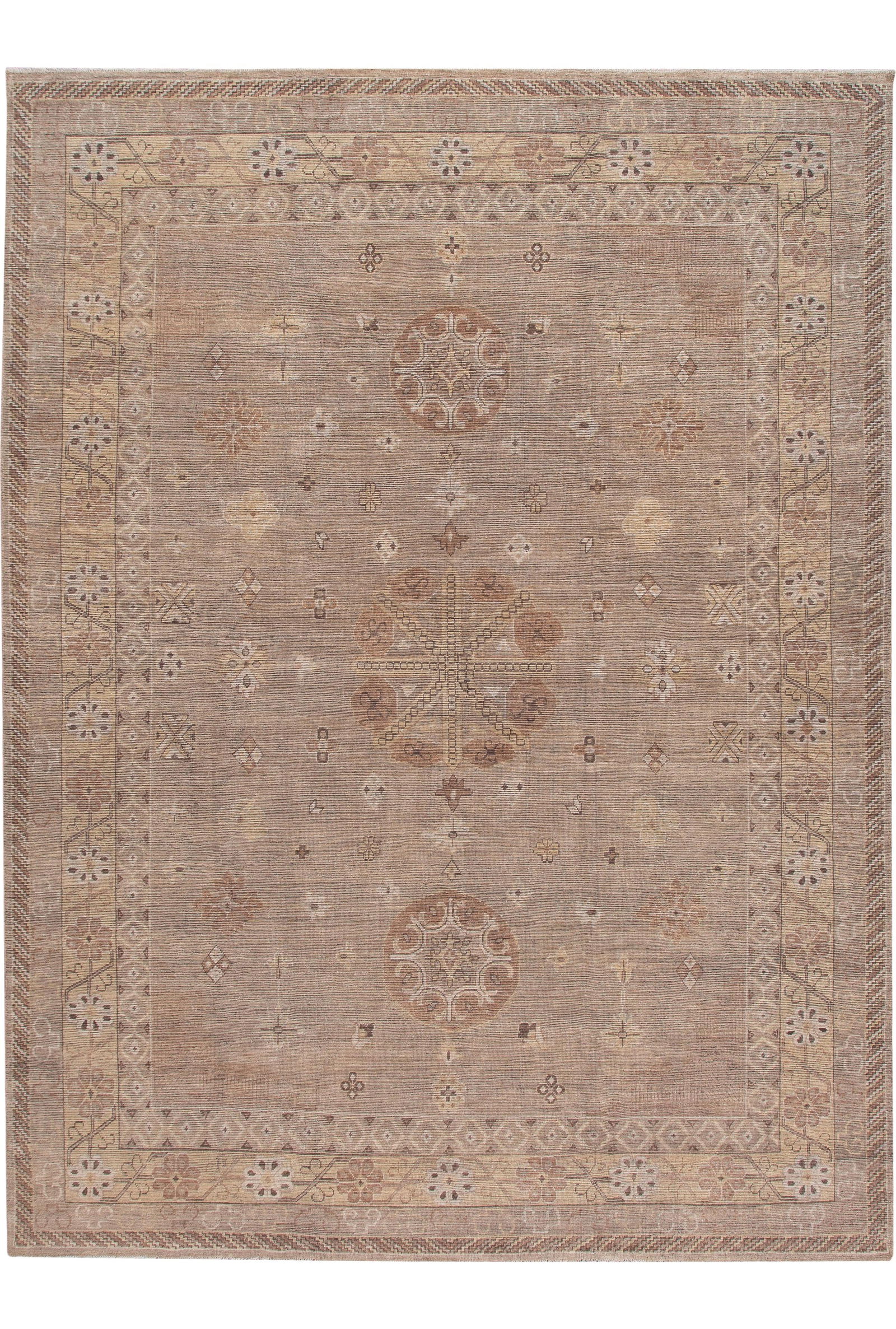 Oversize Khotan Style Handmade Wool Rug 11'10 x 16' Tan Medallion (1 of 9)