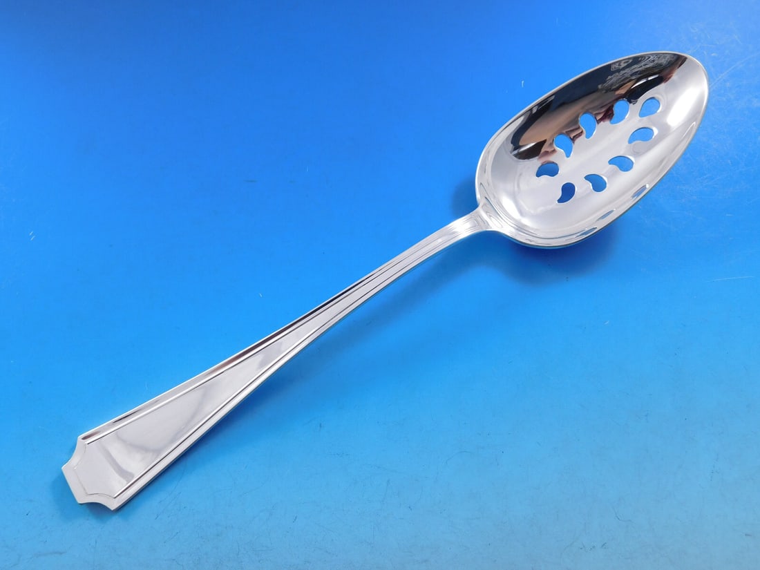 Gorham Fairfax Sterling Silver Slotted Spoon Art Deco 8 3/8 Inch: Gorham Fairfax Sterling Silver Slotted Spoon Art Deco 8 3/8 Inch This exquisite Fairfax serving spoon, crafted by Durgin-Gorham, showcases a beautiful Art Deco design. Made from high-quality sterling