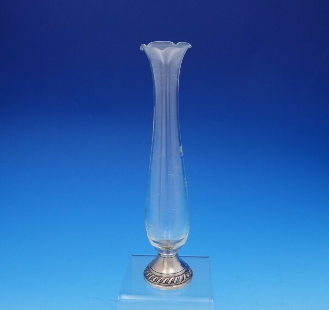 Elegant 10 Inch Sterling Silver and Etched Glass Vase (1 of 3)