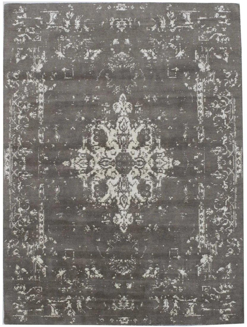 7'8 x 5'9 Hand-Knotted Wool Modern Floral Tan Cream Area Rug (1 of 15)
