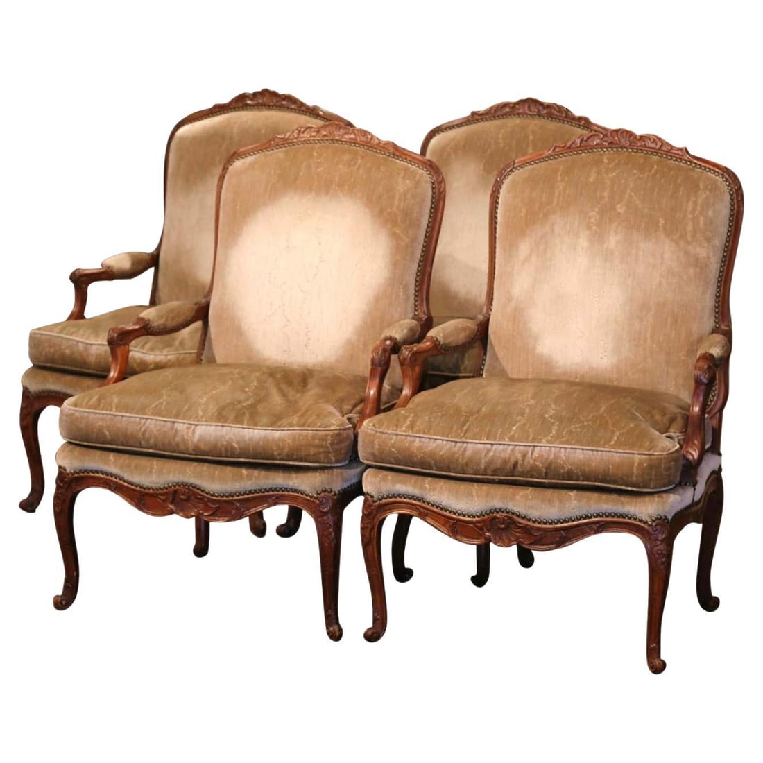 Set of 4 Antique 19th Century Louis XV Walnut Fauteuils with Velvet Upholstery (1 of 12)