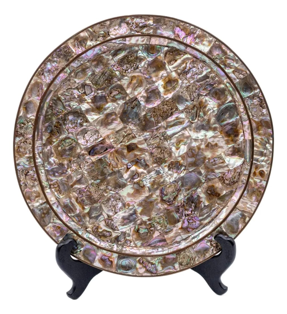 Vintage 1950s Abalone Shell Inlay Brass Round Tray (1 of 6)