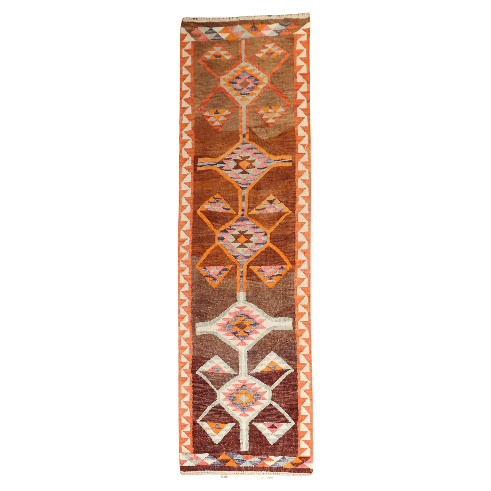 Vintage Turkish Geometric Kilim Runner 41 x 140 Hand-Knotted Wool: Vintage Turkish Geometric Kilim Runner 41 x 140 Hand-Knotted Wool Discover the beauty of this vintage Turkish geometric Kilim runner, a stunning addition to any space. This hand-knotted piece showcase