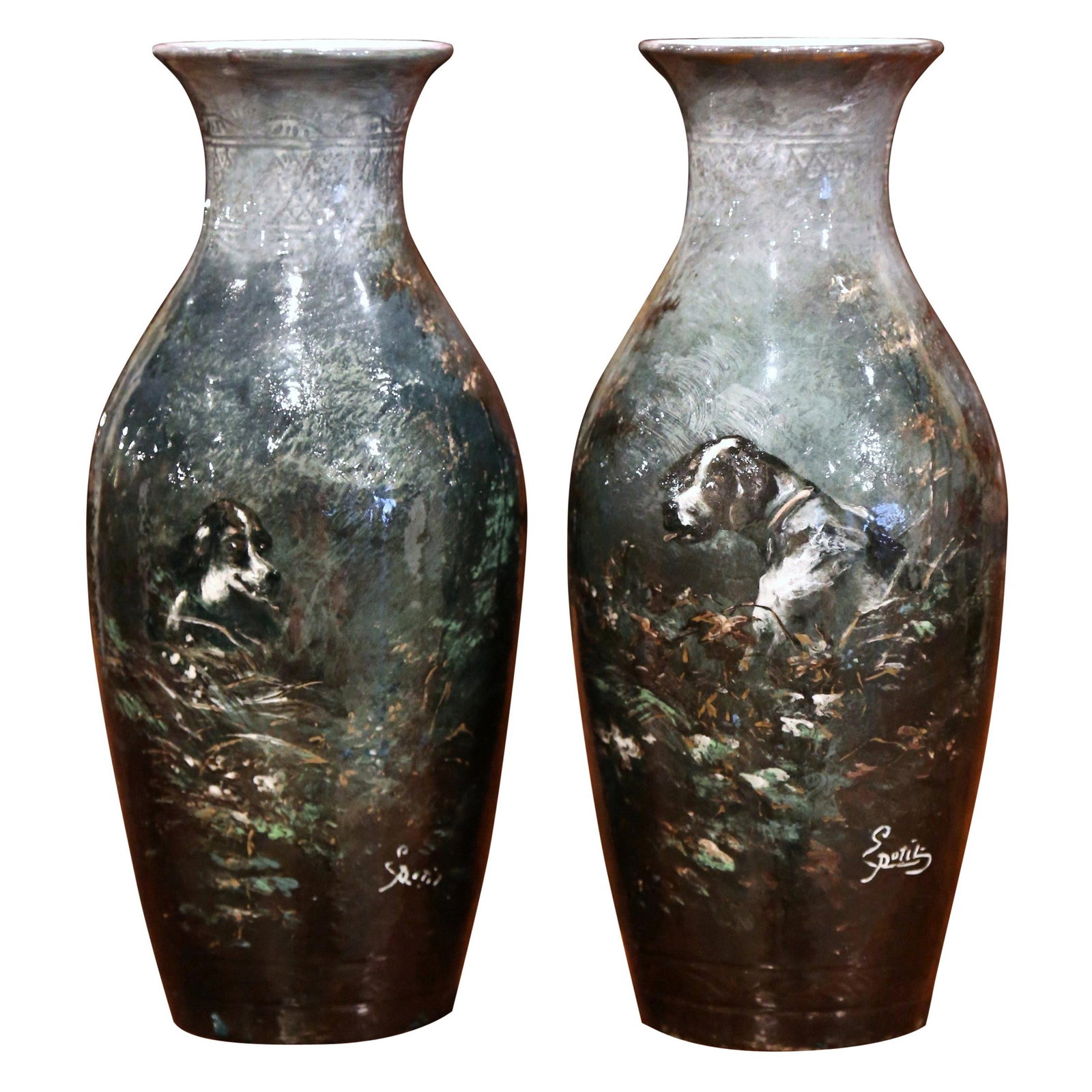 Antique 19th Century French Majolica Vases Set of 2 with Dog Motifs Signed Petit (1 of 11)