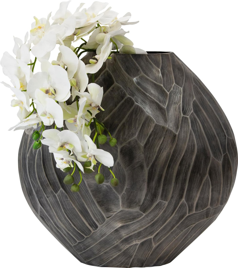 Sagebrook Glam Round Aluminum Vase 22H Distressed Silver Finish: Sagebrook Glam Round Aluminum Vase 22H Distressed Silver Finish Elevate your home decor with this Modern Glam Round Aluminum Table Vase. This stylish piece features a distressed silver finish that add