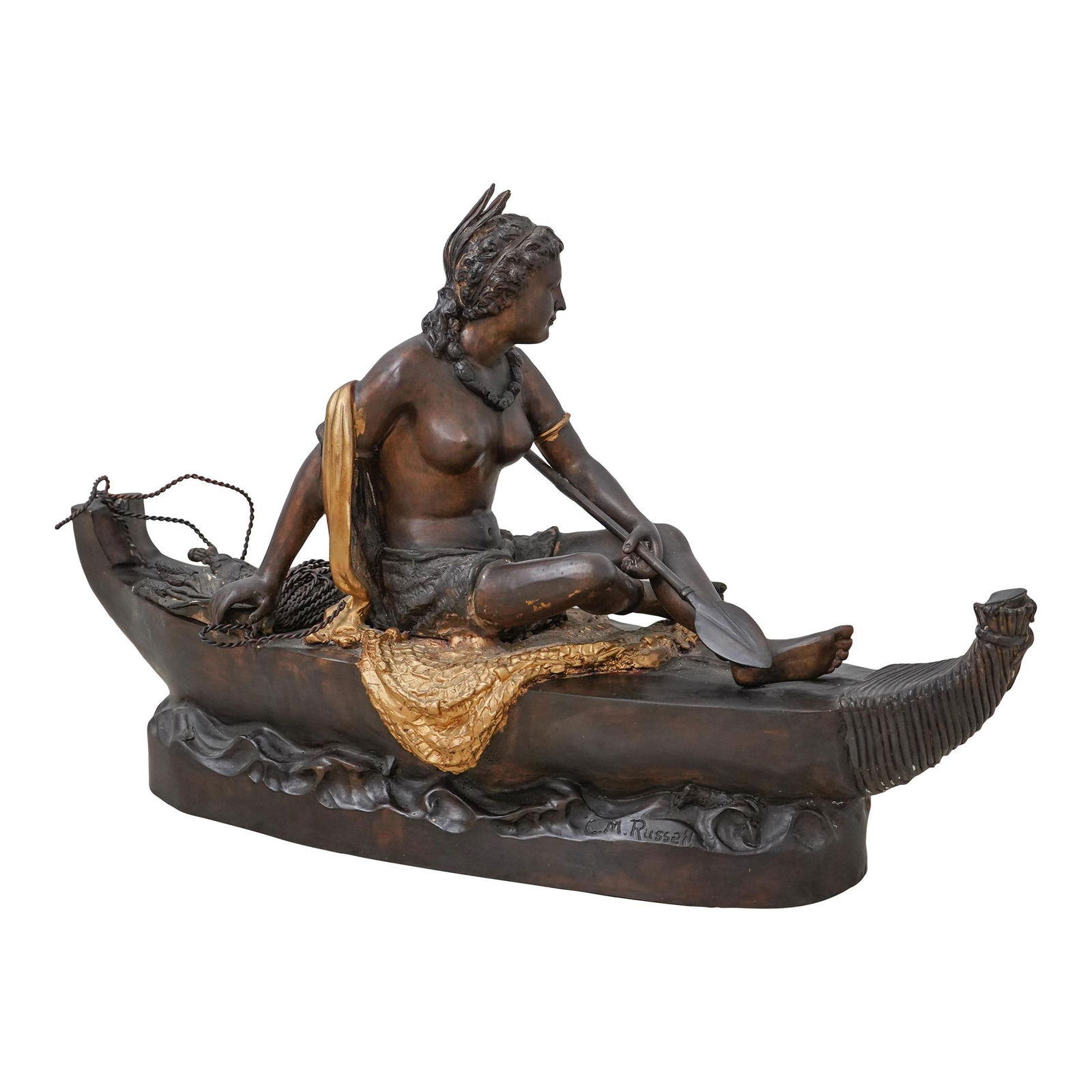 CM Russell Signed Female Native American Bronze Sculpture 26x11x16: CM Russell Signed Female Native American Bronze Sculpture 26x11x16 This exquisite bronze sculpture, signed by CM Russell, depicts a female Native American gracefully seated in a canoe. Crafted approxi