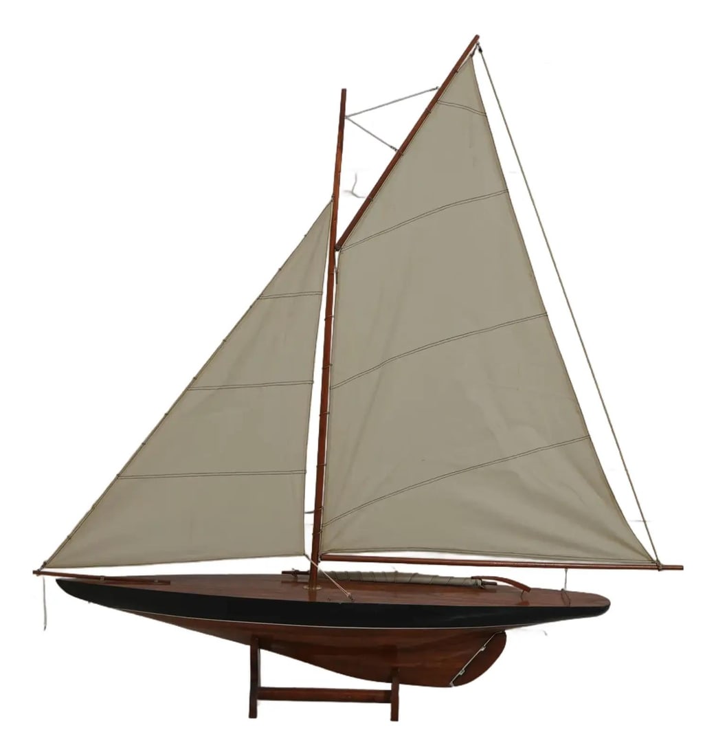 Vintage Hand Crafted Wooden Pond Sailboat with Fabric Sails 42 x 7 x 43.5 (1 of 10)