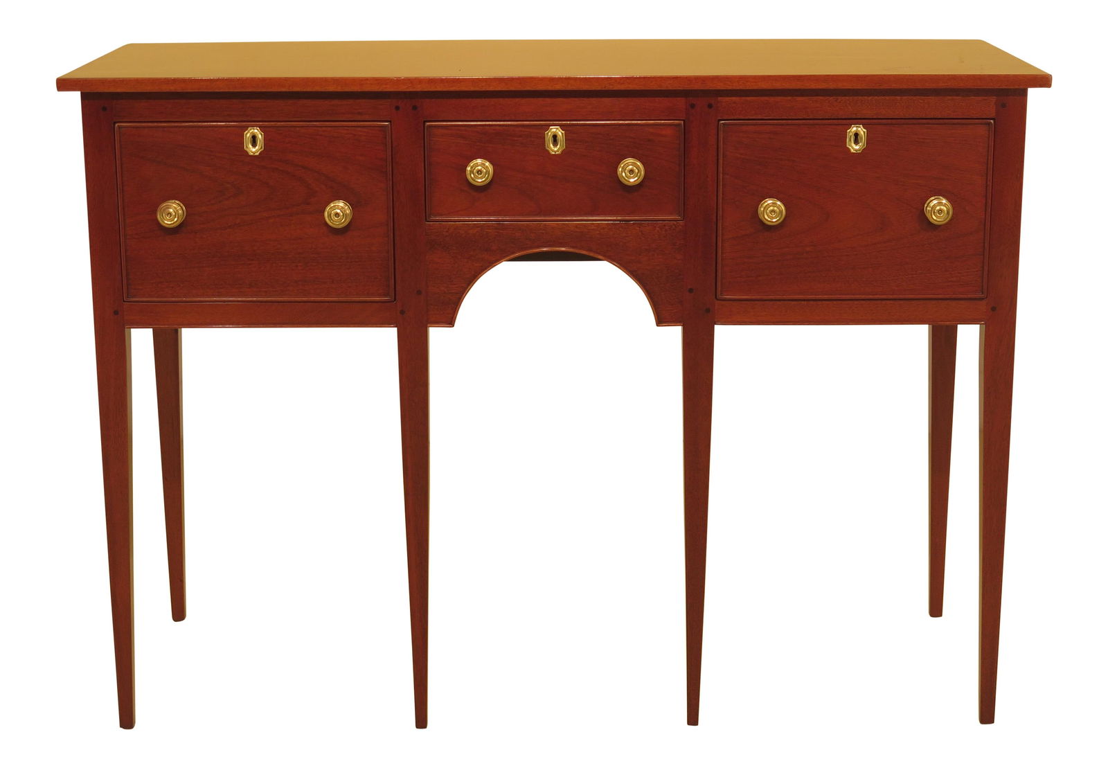 1950s Kittinger Neoclassical 3 Drawer Mahogany Sideboard: 1950s Kittinger Neoclassical 3 Drawer Mahogany Sideboard This exquisite 1950s Neoclassical Kittinger sideboard is crafted from solid mahogany, showcasing timeless elegance and craftsmanship. The piece