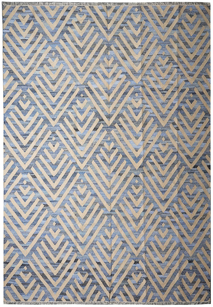 9 x 12 Handmade Modern Flat Weave Rug Blue Cream Wool Bamboo Silk (1 of 10)