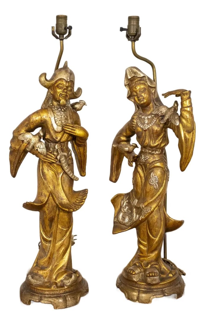 Vintage 1950s Ardalt Chinese Figural Gold Finish Lamps Pair (1 of 10)
