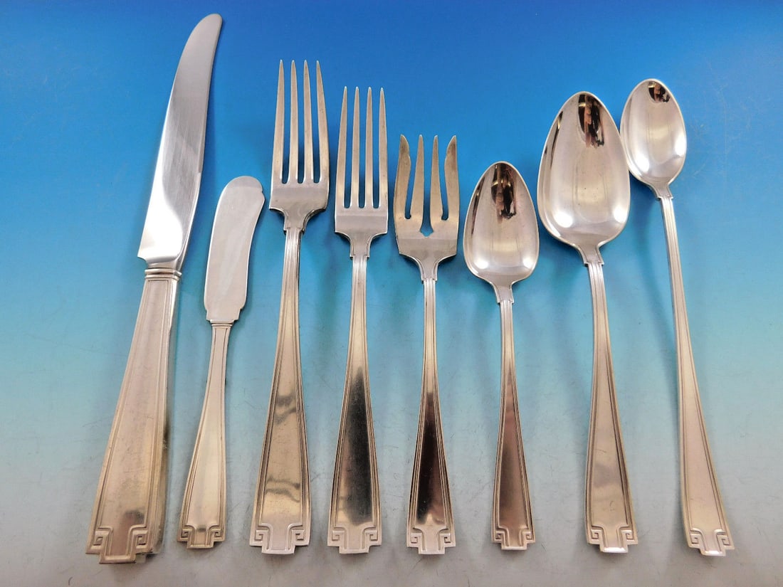 Gorham Etruscan Sterling Silver Flatware Set for 12 101 Pieces Art Deco: Gorham Etruscan Sterling Silver Flatware Set for 12 101 Pieces Art Deco This stunning Etruscan sterling silver flatware set by Gorham showcases exquisite craftsmanship and historical significance. Pro