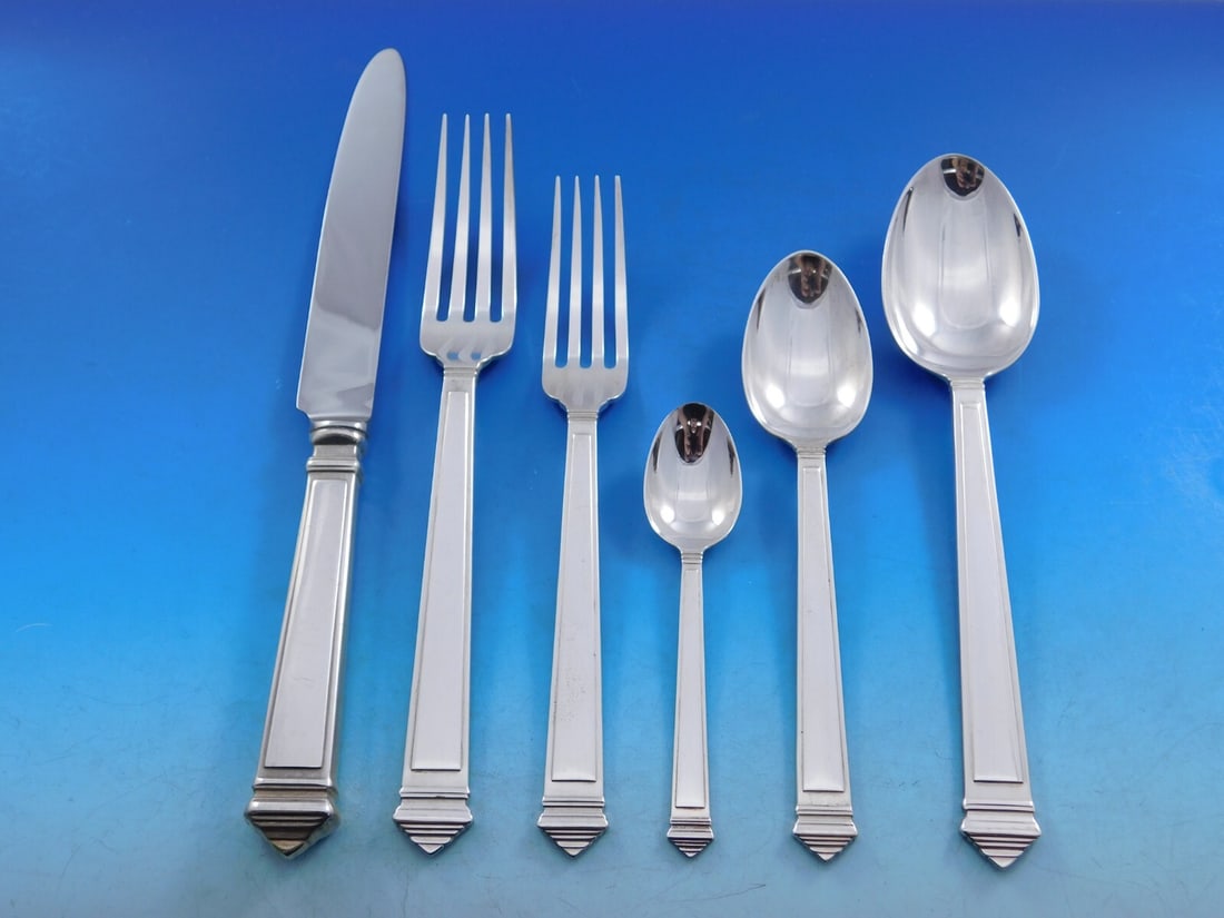 Fortunoff Legend Sterling Silver Flatware Set 76 pcs Art Deco Service for 12: Fortunoff Legend Sterling Silver Flatware Set 76 pcs Art Deco Service for 12 This exquisite Legend by Fortunoff Sterling Silver Flatware Set is crafted with Italian artistry, embodying the elegance of