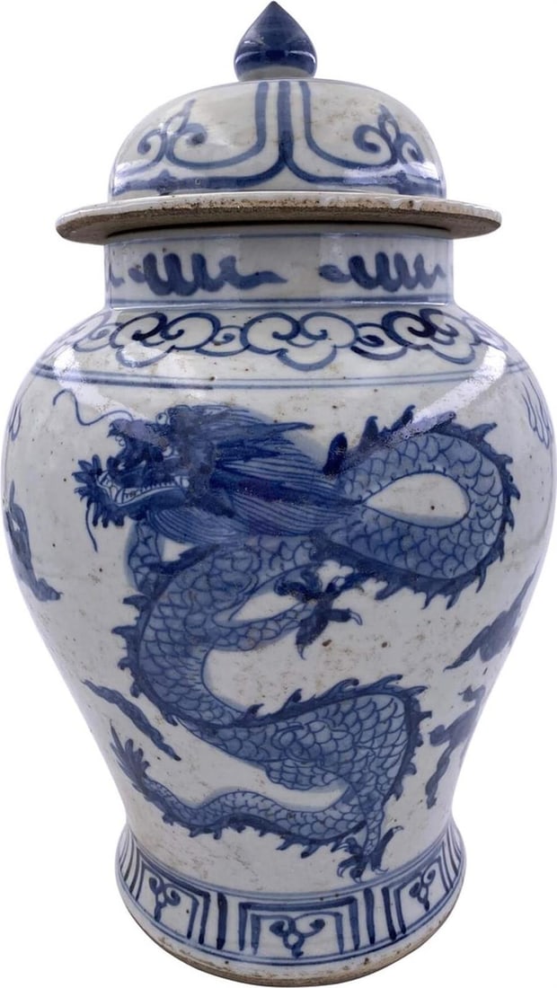 Chinoiserie Blue White Porcelain Dragon Temple Jar 15.5H (1 of 4)