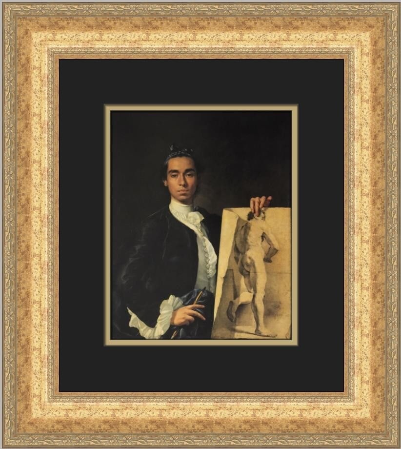 Luis Melendez Self-Portrait Life Study Custom Framed Print 1982: Luis Melendez Self-Portrait Life Study Custom Framed Print 1982 This striking custom framed print features the self-portrait titled "Self-Portrait holding a Life Study" by renowned artist Luis Melende