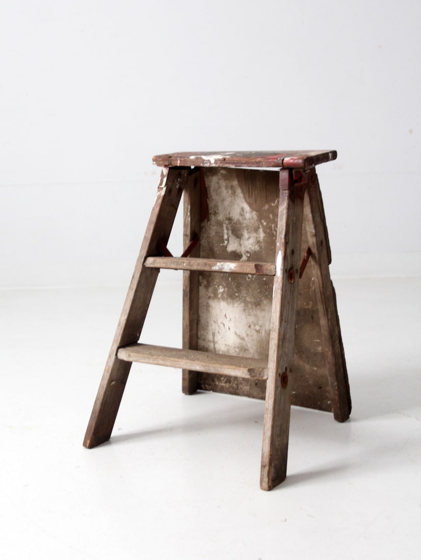 Charming Vintage Rustic Wooden Step Ladder with Paint Remnants (1 of 16)