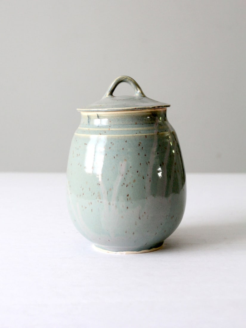 Handmade Vintage Pottery Jar with Green Glaze and Lid (1 of 14)