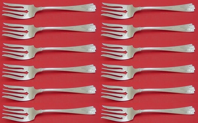Gorham Etruscan Sterling Silver Salad Fork Set 12 Pieces Art Deco: Gorham Etruscan Sterling Silver Salad Fork Set 12 Pieces Art Deco This elegant 12-piece salad fork set from the Etruscan pattern by Gorham features exquisite Art Deco styling and is crafted from high-