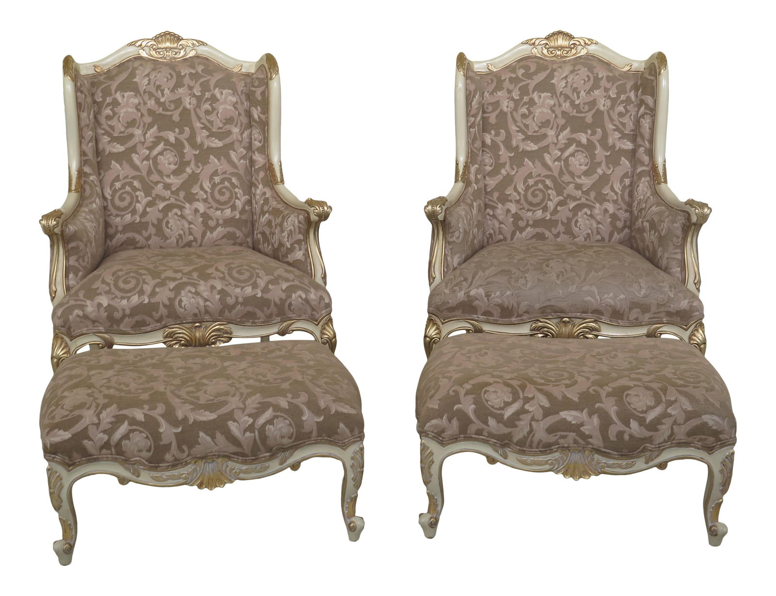 Vintage French Louis XIV Style Chairs & Ottomans Set of 4: Vintage French Louis XIV Style Chairs & Ottomans Set of 4 This elegant set of four pieces from the 1980s showcases the classic French Louis XIV style, featuring large impressive chairs with damask pri