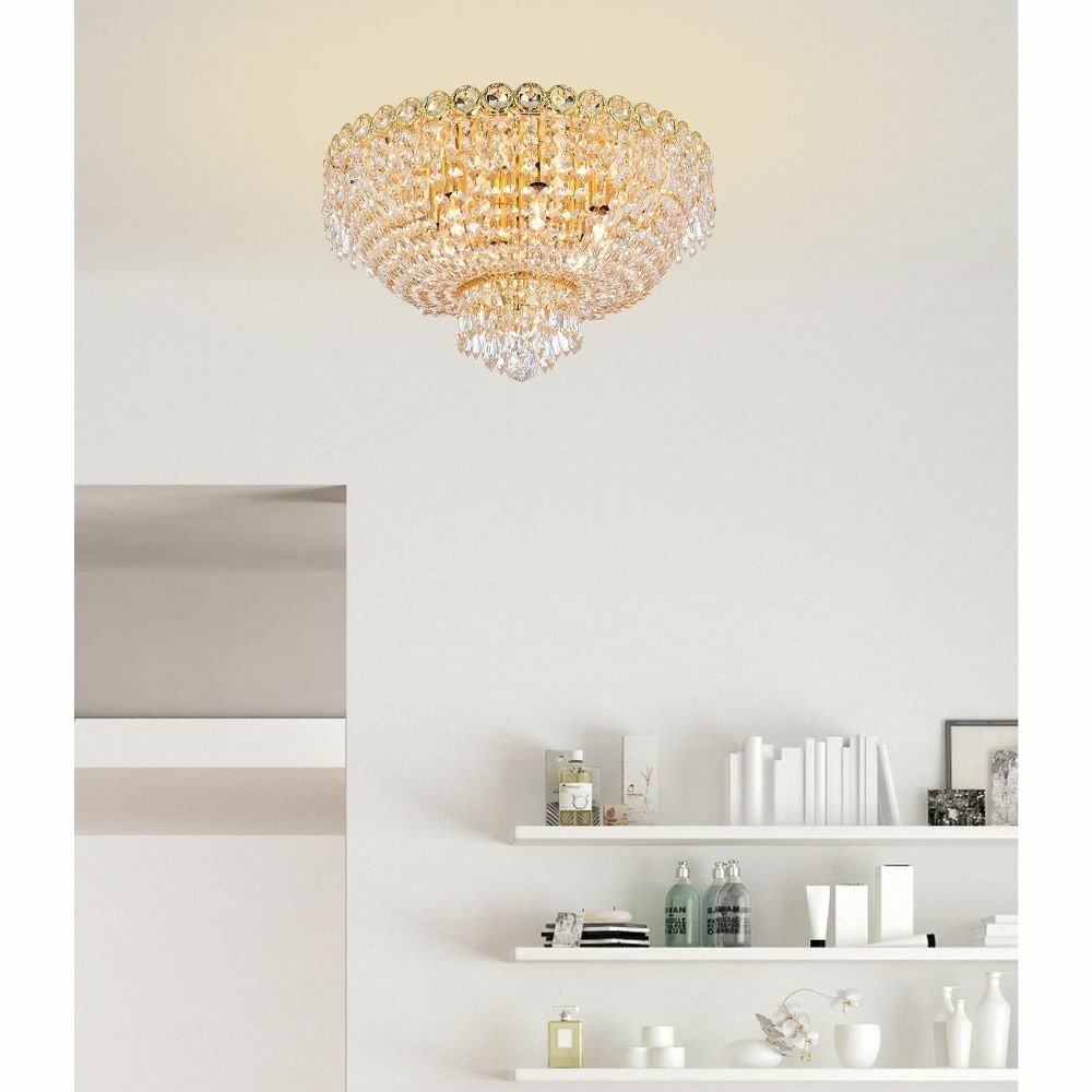 Elegant Gold Crystal Flush Mount Chandelier 6-Light 18 inch Contemporary: Elegant Gold Crystal Flush Mount Chandelier 6-Light 18 inch Contemporary Illuminate your space with this stunning Contemporary Crystal Flush Mount Chandelier, featuring a luxurious gold finish and six