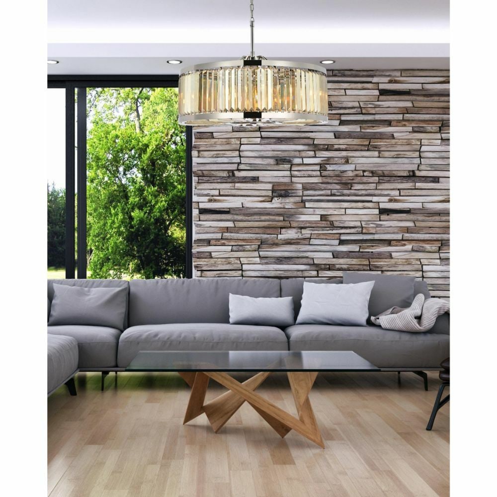 Chelsea 10-Light Chandelier with Golden Teak Crystals and Polished Nickel Finish 35.5 Inch: Chelsea 10-Light Chandelier with Golden Teak Crystals and Polished Nickel Finish 35.5 Inch This modern chandelier features a polished nickel frame adorned with high-quality golden teak royal cut cryst