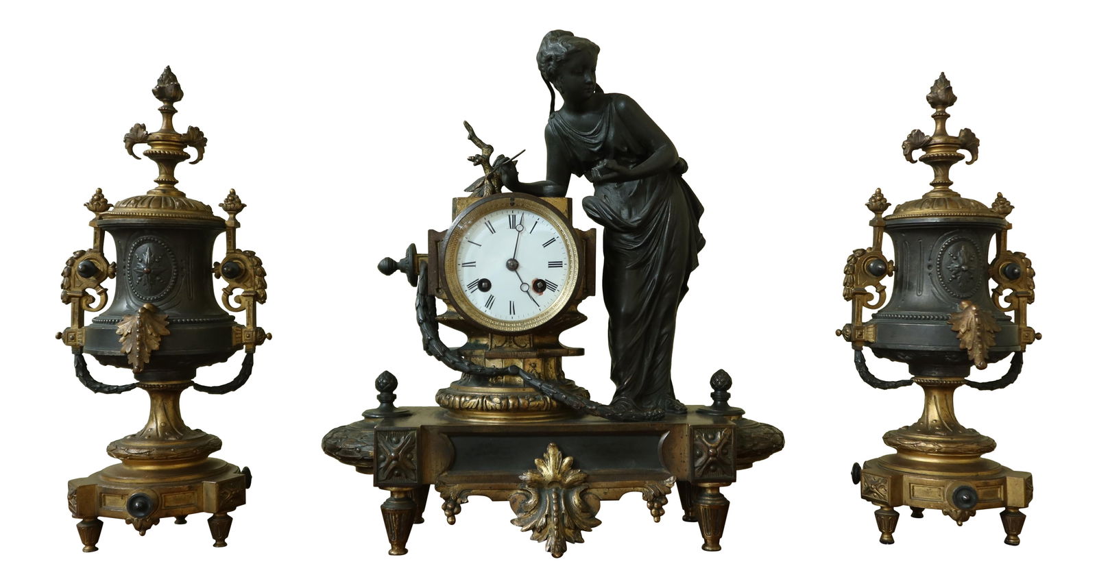 Mid 1800s Antique Bronze Clock and Urn Set with Beveled Glass (1 of 10)