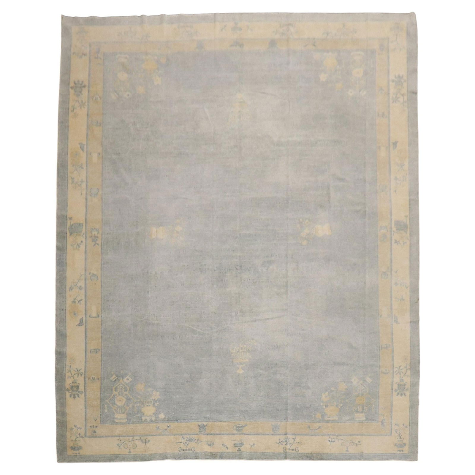 Light Blue Antique Chinese Rug Mid-Century Modern Hand-Woven Wool 110 x 137 in: Light Blue Antique Chinese Rug Mid-Century Modern Hand-Woven Wool 110 x 137 in This exquisite light blue antique Chinese rug features a captivating Mid-Century Modern style, perfect for enhancing your
