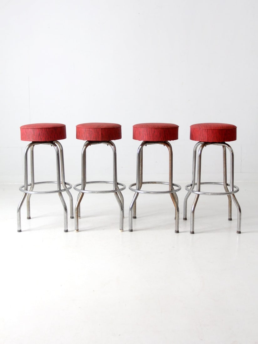 Set of 4 Vintage Bar Stools with Chrome Legs and Red Upholstery (1 of 17)