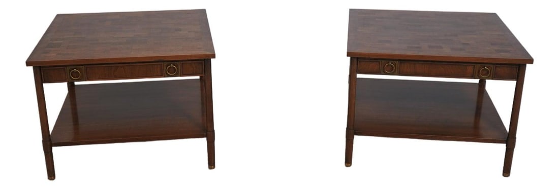 John Stuart Mid Century Modern Walnut End Tables Pair with Brass Trim (1 of 10)