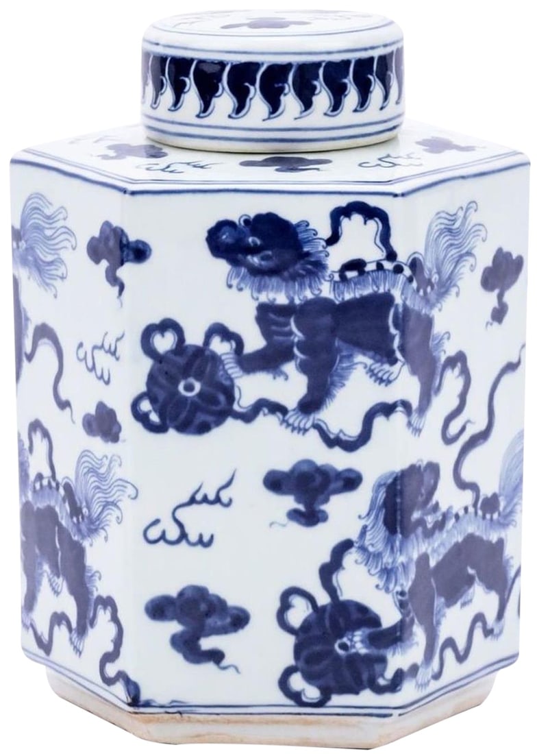 Handmade Chinese Style Hexagonal Lion Ceramic Tea Jar: Handmade Chinese Style Hexagonal Lion Ceramic Tea Jar This exquisite Handmade Hexagonal Lion Ceramic Tea Jar is a beautiful addition to any collection. Crafted with attention to detail, this jar featu