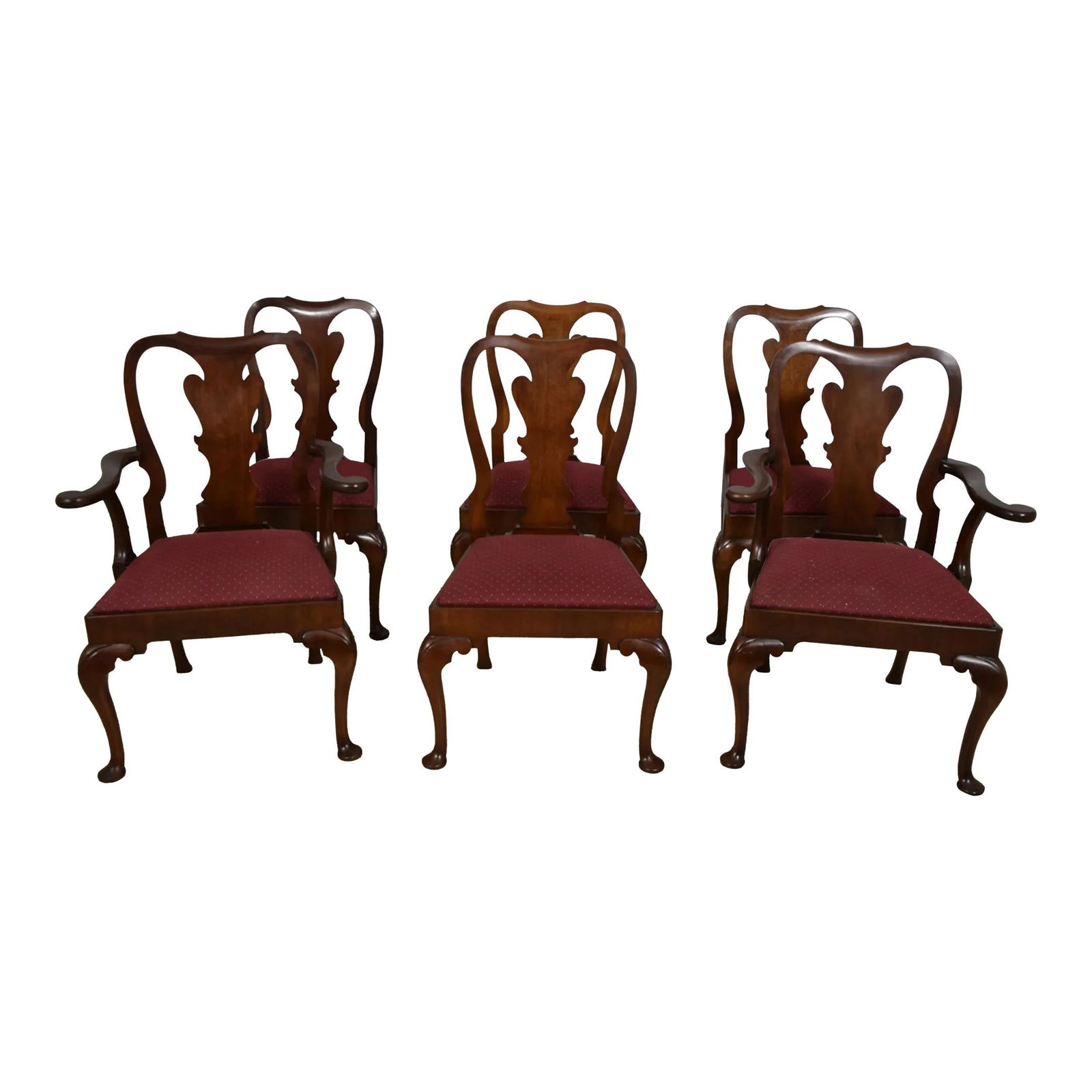 Set of 6 Traditional Queen Anne Mahogany Dining Chairs: Set of 6 Traditional Queen Anne Mahogany Dining Chairs Enhance your dining experience with this elegant set of 6 Queen Anne dining room chairs, crafted from high-quality mahogany. Dating back to circa