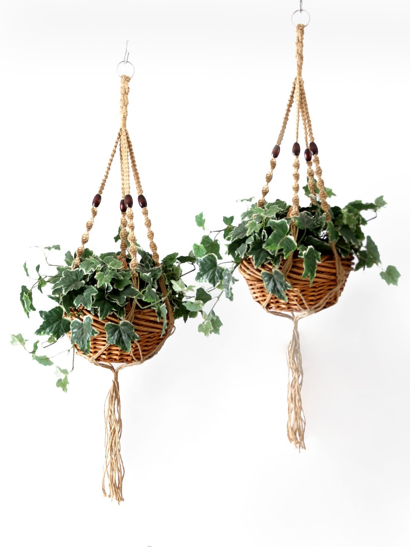 Vintage Macrame Plant Hangers Pair with Wooden Beads 48 inch (1 of 11)