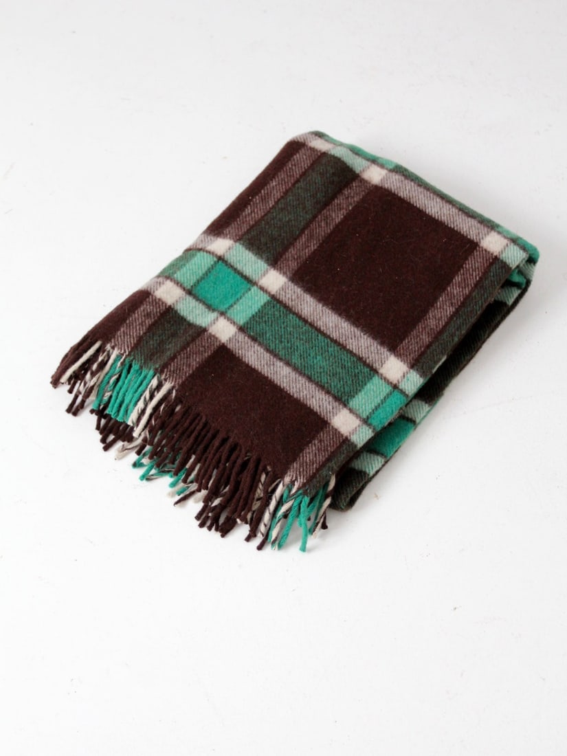 Amana Woolen Mills Vintage Brown Green Plaid Wool Blanket 68 inch (1 of 8)